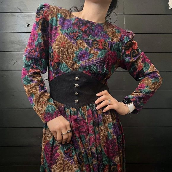 Vintage Dresses & Skirts - Vintage 1980s Jessica Howard petite long sleeve midi dress bright floral market